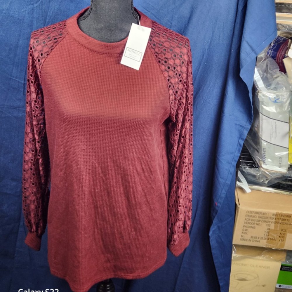 Wine Waffle Knit with Lace Sleeves Shirt by Miholl Size L